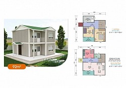 92 m2 Prefabrik Ev | Çift Katlı Prefabrik Ev Modelleri   fiyat:795,300.00TLİndirim Vergiler dahil.  Prefabrik Evimizde Neler Var?   Duvar: Dış Duvar: 2.50 Yüksekliğinde, 10 cm Kalınlığındadır.  İç Duvar: 2.50 Yüksekliğinde, 10 cm Kalınlığındadır.  Pencereler: ADO PENTECH - EUROPEN - ADOPEN 7000 serisi Çift Çamlı + Çift Açılır + Sineklikli (Beyaz)  Kapı: Dış Kapı: Çelik Kapı  İç Kapılar: Ahşap Kasalı Amerikan Kapı  Çatı: Çatı Yalıtımı: 10 cm Mineral Cam Yünü + OSB + Membran  Çatı Kaplaması: Boyalı Galvaniz Sac (Trapez Sac)  Elektrik ve Sıhhi Tesisatlar sıva altı olarak yapılır. Elektrik tesisatı sigortacıya kadar takılır. Priz, Anahtar ve Lambalar takılır.  İç ve Dış Cephe Boyası: FAVORİ markası   Vitrifiye Ürünleri: Klozet, Ayaklı Lavabo ve Duş Teknesi verilmektedir.  Tüm bu işlemler bizim tarafımızdan yapılmaktadır.  (Kapı, Çatı, Pencere, İç-Dış Cephe Boyası, Elektrik-Su Tesisatı, Prizler, Lambalar, Vitrifiye Ürünleri ve Sigorta Kutusuna varıncaya kadar) montaj bize aittir.  Zemin Betonu + Parke + Fayans + Mutfak dolabı ve Nakliye indirimine aittir.