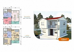 105 m2 Prefabrik Ev | Çift Katlı Prefabrik Ev Modelleri   fiyat:908,250.00TLİndirim Vergiler dahil.  Prefabrik Evimizde Neler Var?   Duvar: Dış Duvar: 2.50 Yüksekliğinde, 10 cm Kalınlığındadır.  İç Duvar: 2.50 Yüksekliğinde, 10 cm Kalınlığındadır.  Pencereler: ADO PENTECH - EUROPEN - ADOPEN 7000 serisi Çift Çamlı + Çift Açılır + Sineklikli (Beyaz)  Kapı: Dış Kapı: Çelik Kapı  İç Kapılar: Ahşap Kasalı Amerikan Kapı  Çatı: Çatı Yalıtımı: 10 cm Mineral Cam Yünü + OSB + Membran  Çatı Kaplaması: Boyalı Galvaniz Sac (Trapez Sac)  Elektrik ve Sıhhi Tesisatlar sıva altı olarak yapılır. Elektrik tesisatı sigortacıya kadar takılır. Priz, Anahtar ve Lambalar takılır.  İç ve Dış Cephe Boyası: FAVORİ markası   Vitrifiye Ürünleri: Klozet, Ayaklı Lavabo ve Duş Teknesi verilmektedir.  Tüm bu işlemler bizim tarafımızdan yapılmaktadır.  (Kapı, Çatı, Pencere, İç-Dış Cephe Boyası, Elektrik-Su Tesisatı, Prizler, Lambalar, Vitrifiye Ürünleri ve Sigorta Kutusuna varıncaya kadar) montaj bize aittir.  Zemin Betonu + Parke + Fayans + Mutfak dolabı ve Nakliye indirimine aittir.