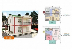 114 m2 Prefabrik Ev | Çift Katlı Prefabrik Ev Modelleri   fiyat:986,000TLİndirim Vergiler dahil.  Prefabrik Evimizde Neler Var?   Duvar: Dış Duvar: 2.50 Yüksekliğinde, 10 cm Kalınlığındadır.  İç Duvar: 2.50 Yüksekliğinde, 10 cm Kalınlığındadır.  Pencereler: ADO PENTECH - EUROPEN - ADOPEN 7000 serisi Çift Çamlı + Çift Açılır + Sineklikli (Beyaz)  Kapı: Dış Kapı: Çelik Kapı  İç Kapılar: Ahşap Kasalı Amerikan Kapı  Çatı: Çatı Yalıtımı: 10 cm Mineral Cam Yünü + OSB + Membran  Çatı Kaplaması: Boyalı Galvaniz Sac (Trapez Sac)  Elektrik ve Sıhhi Tesisatlar sıva altı olarak yapılır. Elektrik tesisatı sigortacıya kadar takılır. Priz, Anahtar ve Lambalar takılır.  İç ve Dış Cephe Boyası: FAVORİ markası   Vitrifiye Ürünleri: Klozet, Ayaklı Lavabo ve Duş Teknesi verilmektedir.  Tüm bu işlemler bizim tarafımızdan yapılmaktadır.  (Kapı, Çatı, Pencere, İç-Dış Cephe Boyası, Elektrik-Su Tesisatı, Prizler, Lambalar, Vitrifiye Ürünleri ve Sigorta Kutusuna varıncaya kadar) montaj bize aittir.  Zemin Betonu + Parke + Fayans + Mutfak dolabı ve Nakliye indirimine aittir.