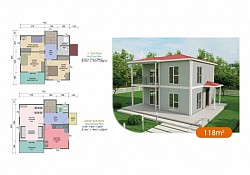 118 m2 Prefabrik Ev | Çift Katlı Prefabrik Ev Modelleri   fiyat:1,020,700TLİndirim Vergiler dahil.  Prefabrik Evimizde Neler Var?   Duvar: Dış Duvar: 2.50 Yüksekliğinde, 10 cm Kalınlığındadır.  İç Duvar: 2.50 Yüksekliğinde, 10 cm Kalınlığındadır.  Pencereler: ADO PENTECH - EUROPEN - ADOPEN 7000 serisi Çift Çamlı + Çift Açılır + Sineklikli (Beyaz)  Kapı: Dış Kapı: Çelik Kapı  İç Kapılar: Ahşap Kasalı Amerikan Kapı  Çatı: Çatı Yalıtımı: 10 cm Mineral Cam Yünü + OSB + Membran  Çatı Kaplaması: Boyalı Galvaniz Sac (Trapez Sac)  Elektrik ve Sıhhi Tesisatlar sıva altı olarak yapılır. Elektrik tesisatı sigortacıya kadar takılır. Priz, Anahtar ve Lambalar takılır.  İç ve Dış Cephe Boyası: FAVORİ markası   Vitrifiye Ürünleri: Klozet, Ayaklı Lavabo ve Duş Teknesi verilmektedir.  Tüm bu işlemler bizim tarafımızdan yapılmaktadır.  (Kapı, Çatı, Pencere, İç-Dış Cephe Boyası, Elektrik-Su Tesisatı, Prizler, Lambalar, Vitrifiye Ürünleri ve Sigorta Kutusuna varıncaya kadar) montaj bize aittir.  Zemin Betonu + Parke + Fayans + Mutfak dolabı ve Nakliye indirimine aittir.