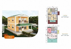 119 m2 Prefabrik Ev | Çift Katlı Prefabrik Ev Modelleri   fiyat:1,029,350.00TLİndirim Vergiler dahil.  Prefabrik Evimizde Neler Var?   Duvar: Dış Duvar: 2.50 Yüksekliğinde, 10 cm Kalınlığındadır.  İç Duvar: 2.50 Yüksekliğinde, 10 cm Kalınlığındadır.  Pencereler: ADO PENTECH - EUROPEN - ADOPEN 7000 serisi Çift Çamlı + Çift Açılır + Sineklikli (Beyaz)  Kapı: Dış Kapı: Çelik Kapı  İç Kapılar: Ahşap Kasalı Amerikan Kapı  Çatı: Çatı Yalıtımı: 10 cm Mineral Cam Yünü + OSB + Membran  Çatı Kaplaması: Boyalı Galvaniz Sac (Trapez Sac)  Elektrik ve Sıhhi Tesisatlar sıva altı olarak yapılır. Elektrik tesisatı sigortacıya kadar takılır. Priz, Anahtar ve Lambalar takılır.  İç ve Dış Cephe Boyası: FAVORİ markası   Vitrifiye Ürünleri: Klozet, Ayaklı Lavabo ve Duş Teknesi verilmektedir.  Tüm bu işlemler bizim tarafımızdan yapılmaktadır.  (Kapı, Çatı, Pencere, İç-Dış Cephe Boyası, Elektrik-Su Tesisatı, Prizler, Lambalar, Vitrifiye Ürünleri ve Sigorta Kutusuna varıncaya kadar) montaj bize aittir.  Zemin Betonu + Parke + Fayans + Mutfak dolabı ve Nakliye indirimine aittir.