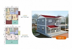 149 m2 Prefabrik Ev | Çift Katlı Prefabrik Ev Modelleri   fiyat:1,361,000TL İndirim Vergiler dahil.  Prefabrik Evimizde Neler Var?   Duvar: Dış Duvar: 2.50 Yüksekliğinde, 10 cm Kalınlığındadır.  İç Duvar: 2.50 Yüksekliğinde, 10 cm Kalınlığındadır.  Pencereler: ADO PENTECH - EUROPEN - ADOPEN 7000 serisi Çift Çamlı + Çift Açılır + Sineklikli (Beyaz)  Kapı: Dış Kapı: Çelik Kapı  İç Kapılar: Ahşap Kasalı Amerikan Kapı  Çatı: Çatı Yalıtımı: 10 cm Mineral Cam Yünü + OSB + Membran  Çatı Kaplaması: Boyalı Galvaniz Sac (Trapez Sac)  Elektrik ve Sıhhi Tesisatlar sıva altı olarak yapılır. Elektrik tesisatı sigortacıya kadar takılır. Priz, Anahtar ve Lambalar takılır.  İç ve Dış Cephe Boyası: FAVORİ markası   Vitrifiye Ürünleri: Klozet, Ayaklı Lavabo ve Duş Teknesi verilmektedir.  Tüm bu işlemler bizim tarafımızdan yapılmaktadır.  (Kapı, Çatı, Pencere, İç-Dış Cephe Boyası, Elektrik-Su Tesisatı, Prizler, Lambalar, Vitrifiye Ürünleri ve Sigorta Kutusuna varıncaya kadar) montaj bize aittir.  Zemin Betonu + Parke + Fayans + Mutfak dolabı ve Nakliye indirimine aittir.